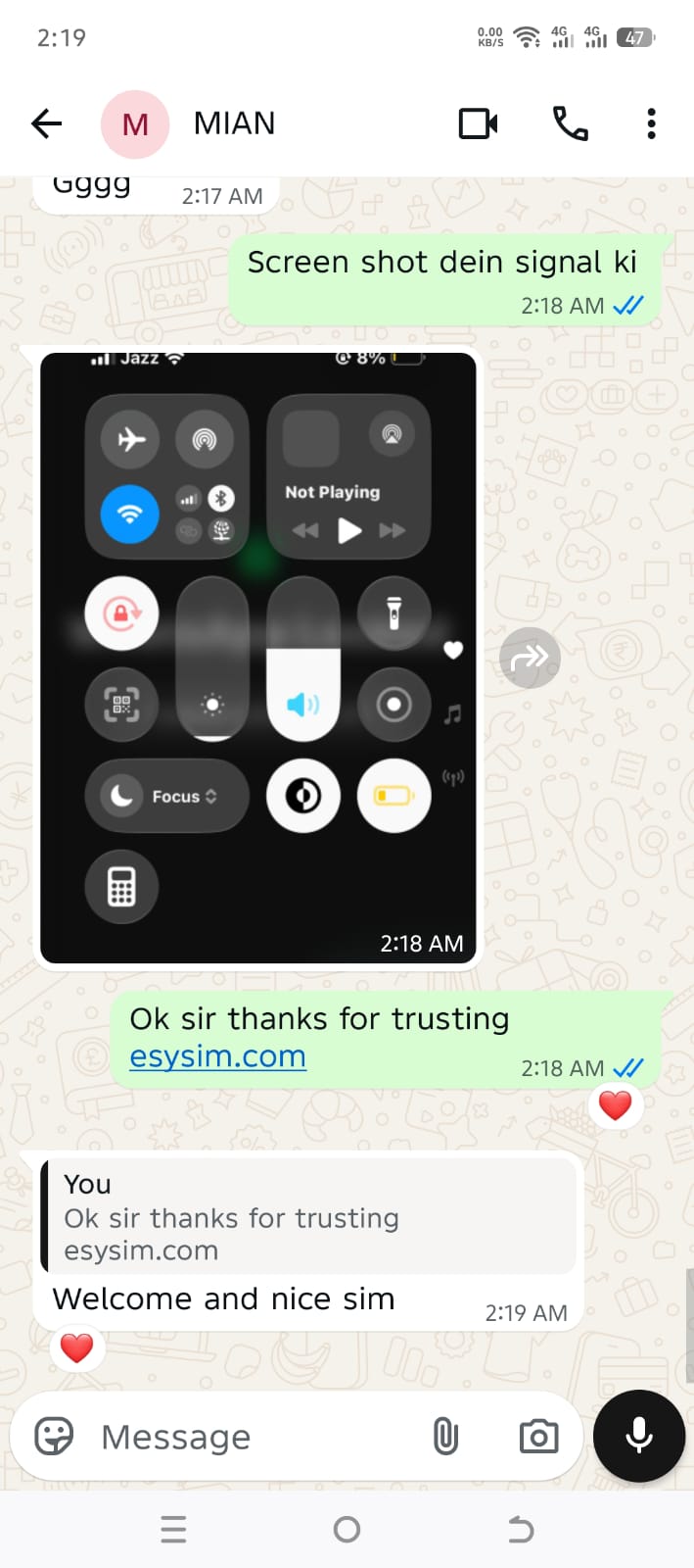 Customer feedback screenshot